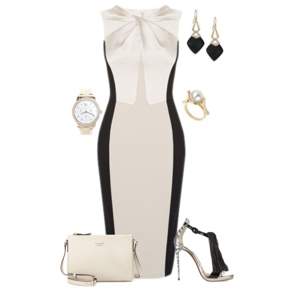 Karen Millen Knot Neckline Pencil Dress - Black, White, and Tan/Champagne 6